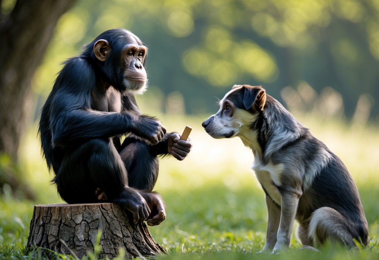 A chimpanzee and a dog sitting opposite each other outdoors, both looking attentive and engaged.