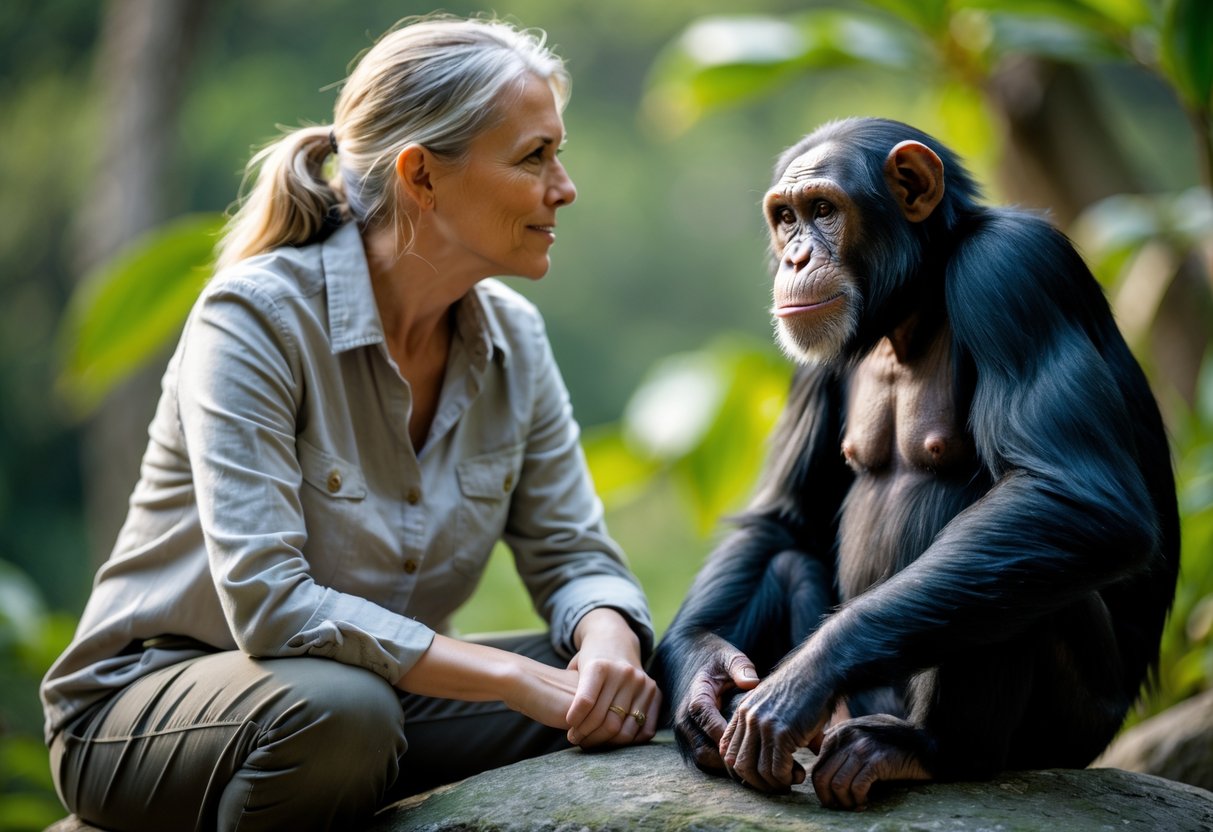 A person making direct eye contact with a chimpanzee sitting calmly on a rock in a green outdoor environment.