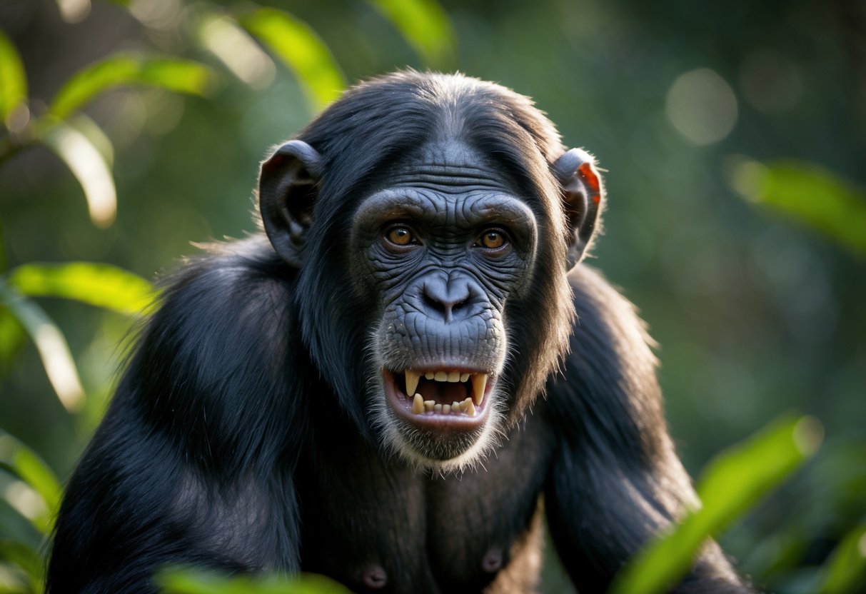 Close-up of a chimpanzee showing its teeth with an intense expression in a natural outdoor environment.
