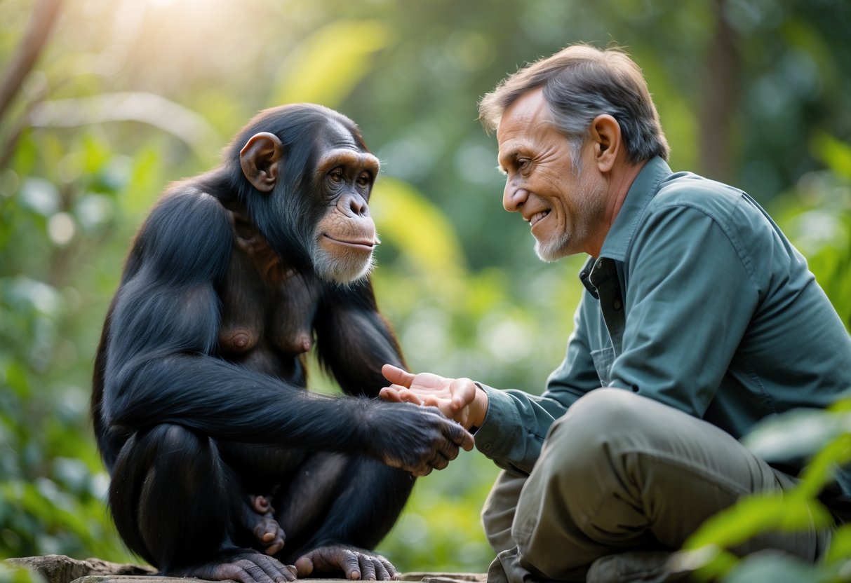 A chimpanzee and a human sitting outdoors, reaching out to touch each other's hands in a gentle and friendly manner.