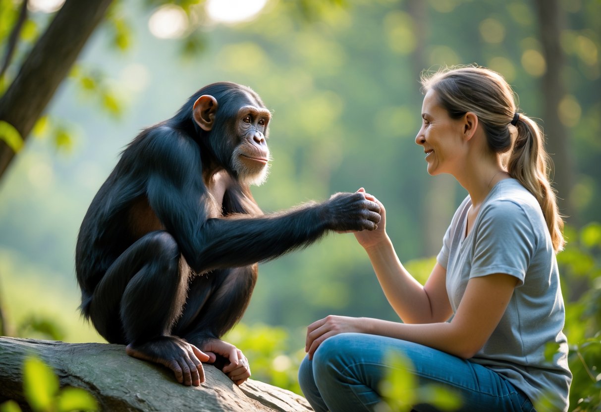 A chimpanzee and a human sitting close together outdoors, reaching out to each other in a peaceful and friendly manner.