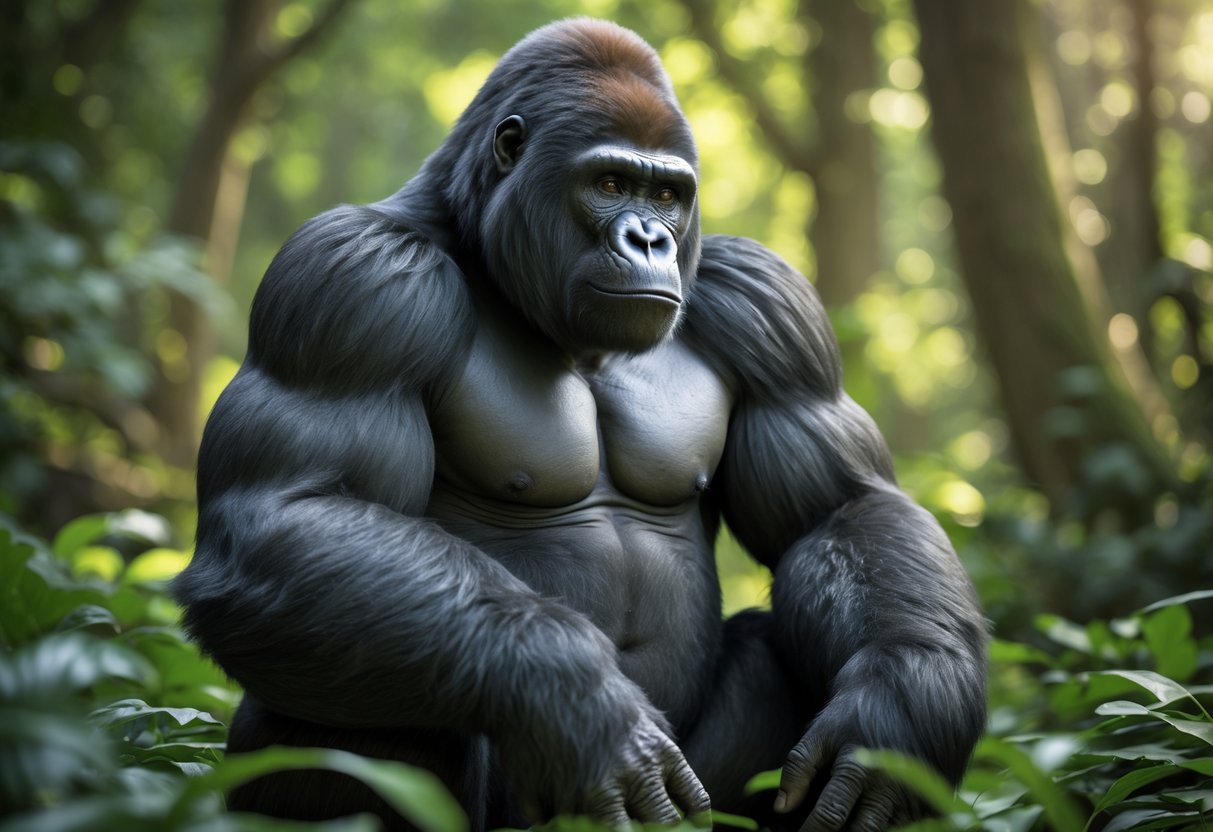 A fictional animal blending features of a gorilla and a chimpanzee sitting calmly in a green forest.