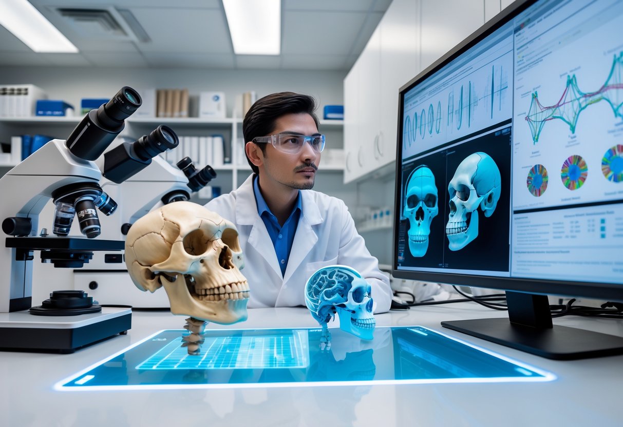 A scientist in a lab coat studies 3D digital models of gorilla and chimpanzee skulls on a touchscreen in a modern laboratory filled with genetic research equipment.