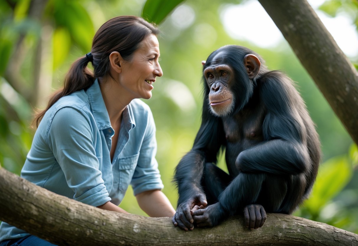 A human smiling gently at a calm chimpanzee sitting outdoors among green foliage.