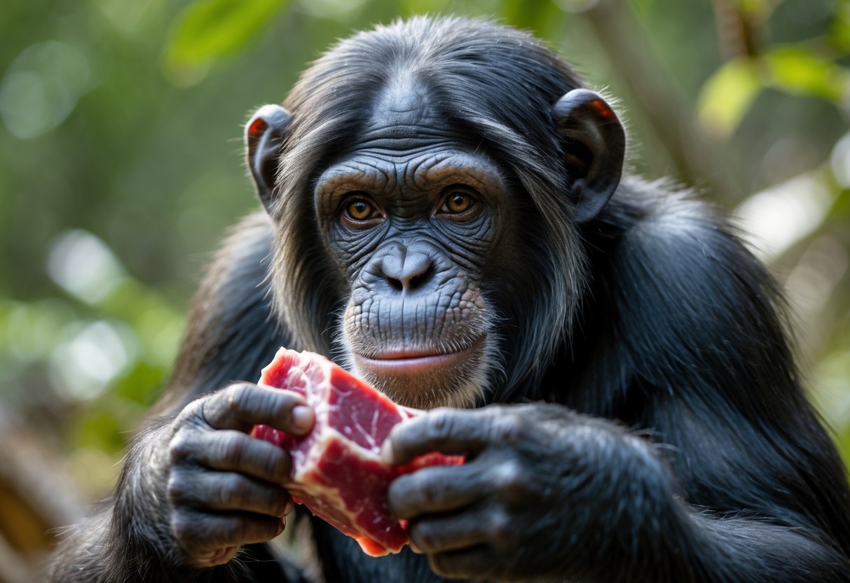 A chimpanzee holding and looking at a piece of raw meat in a forest setting.