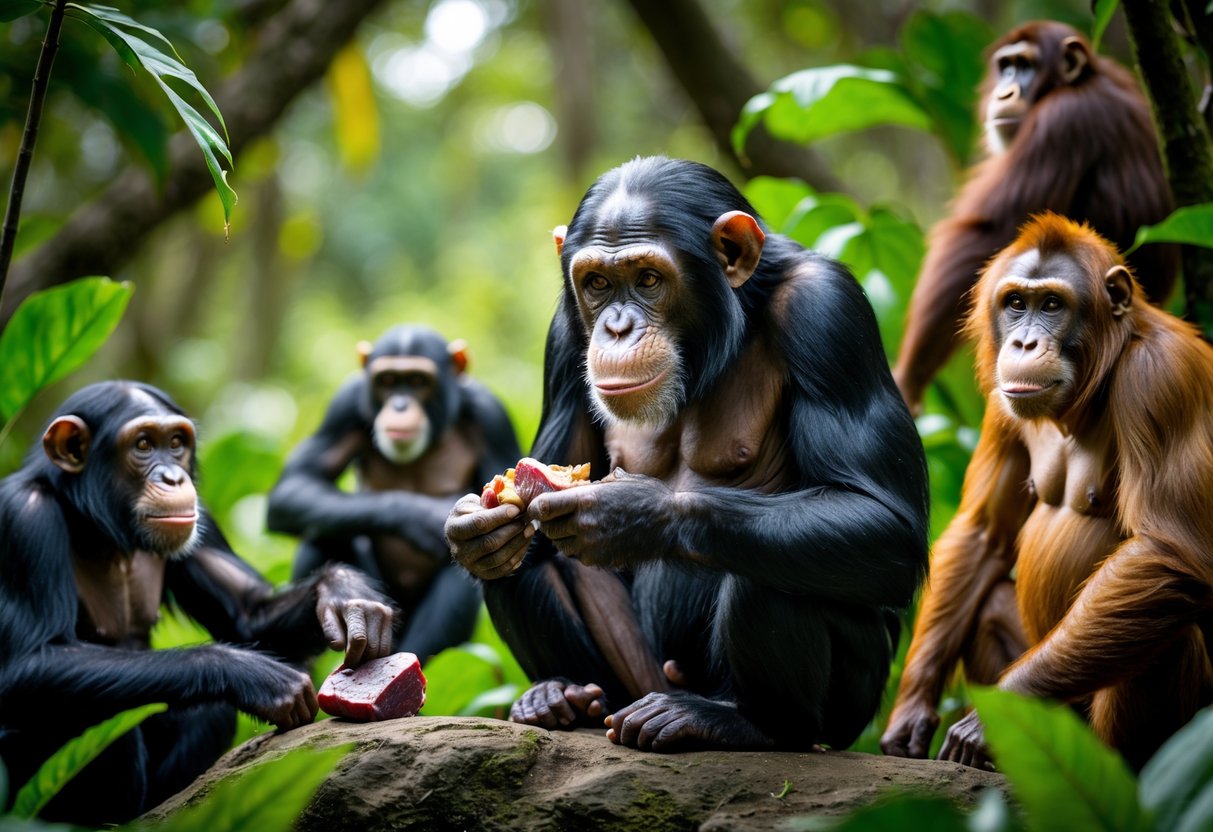 A chimpanzee holding a piece of meat while other primates eat fruits and leaves in a green forest.