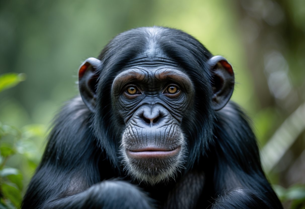 A close-up of a chimpanzee sitting quietly in a forest with a thoughtful expression.