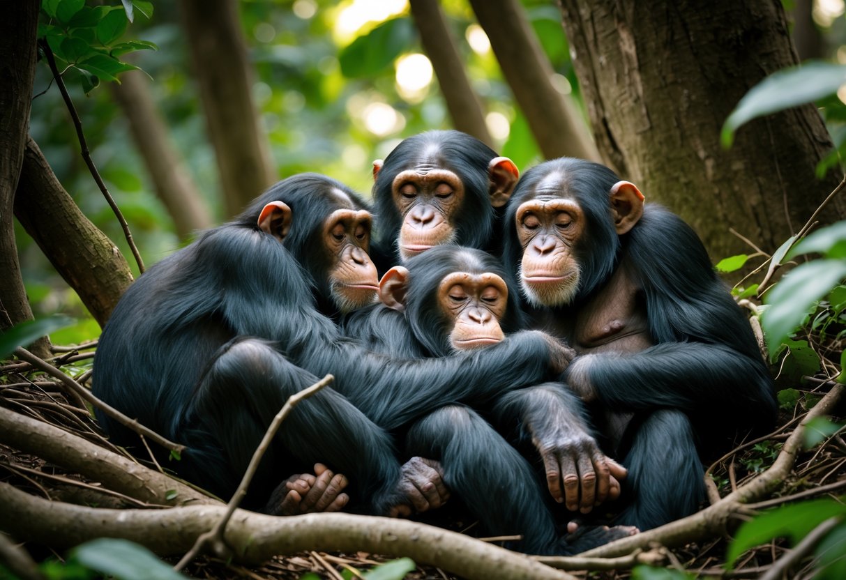 A group of chimpanzees sleeping closely together on a bed of leaves in a forest.