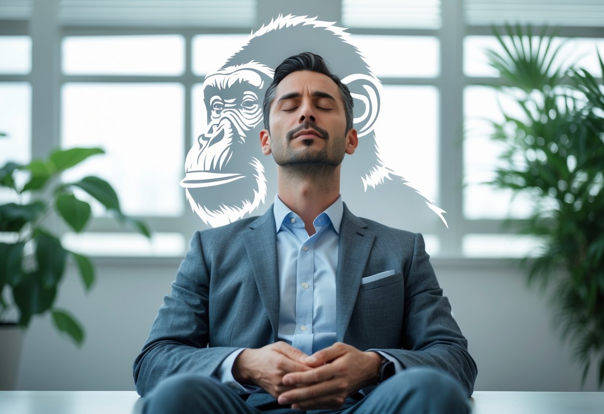 A man sitting calmly in an office with his eyes closed, a faint outline of a chimpanzee head behind him symbolizing inner calm.