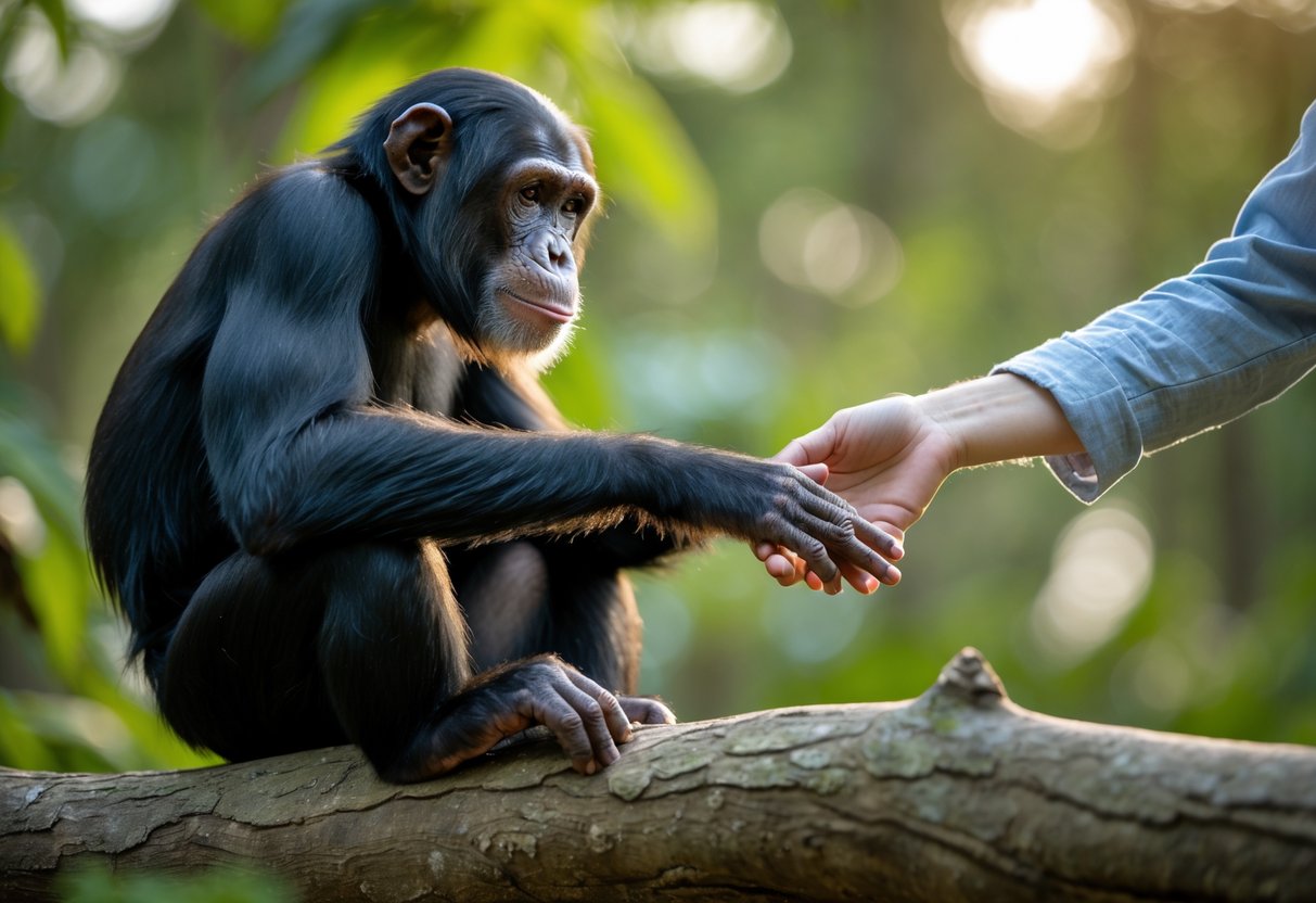A chimpanzee calmly looking at a human who is gently reaching out a hand in a green outdoor setting.