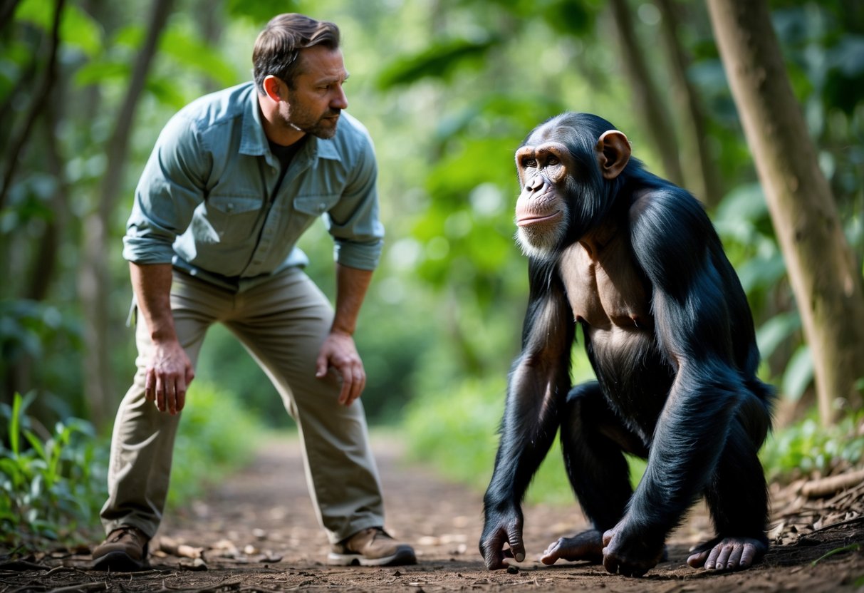 A man and a chimpanzee face each other outdoors in a forest setting, both appearing alert and calm.