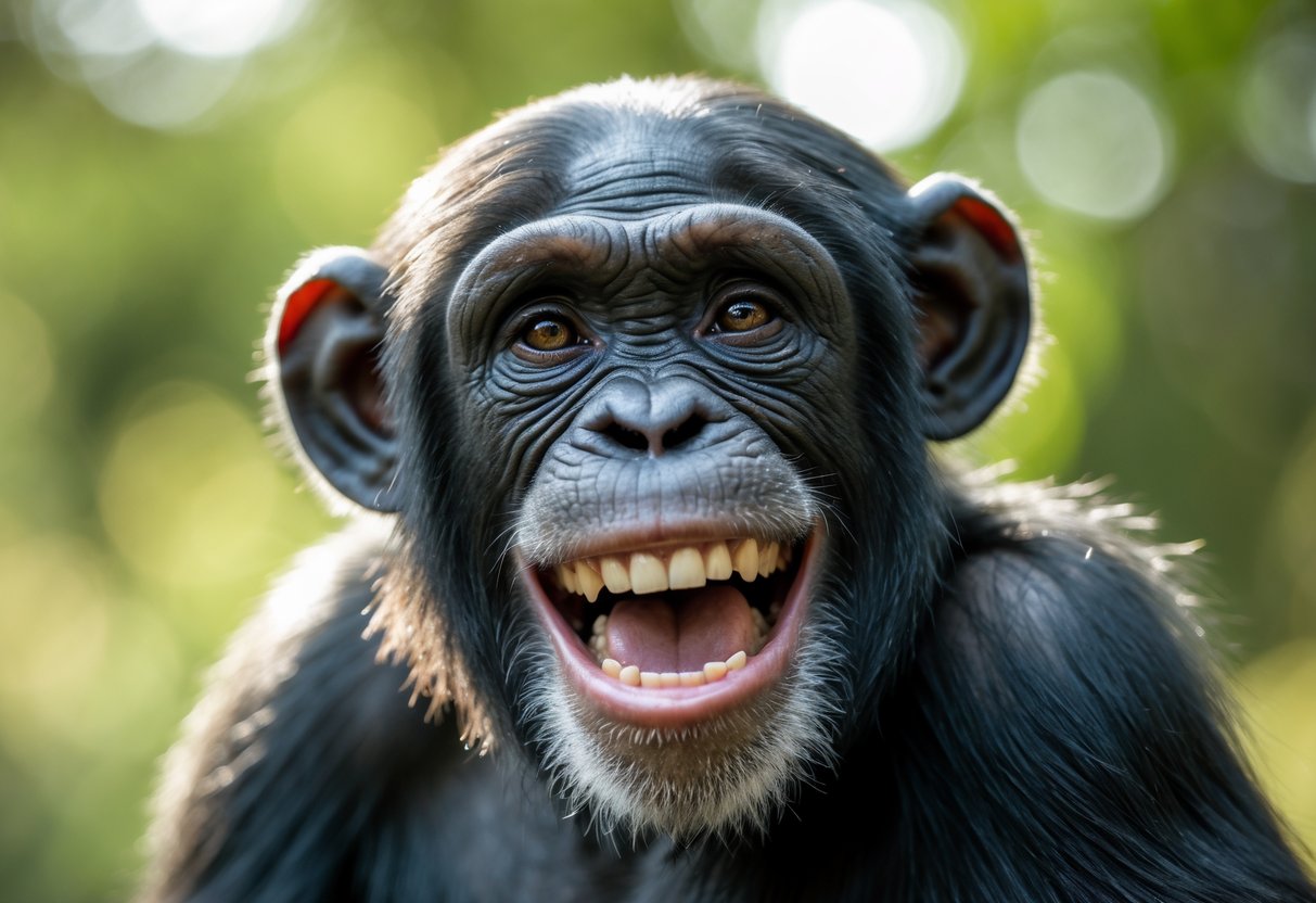 A chimpanzee smiling and showing happy, relaxed body language in a natural outdoor environment.
