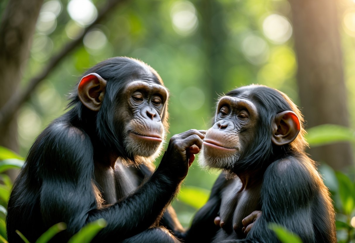 Two chimpanzees in a forest gently touching and interacting in a friendly, affectionate manner.