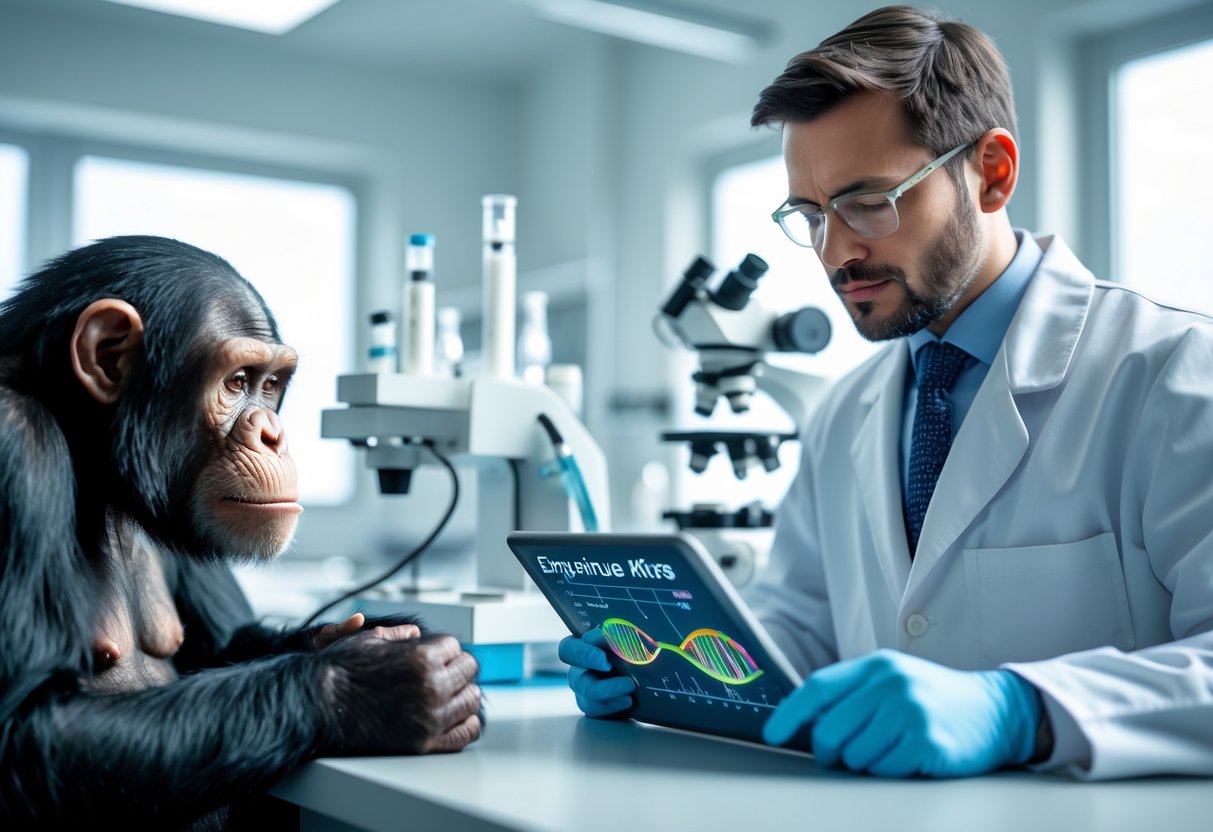 A chimpanzee and a human are shown side by side with a scientist examining DNA models in a laboratory.