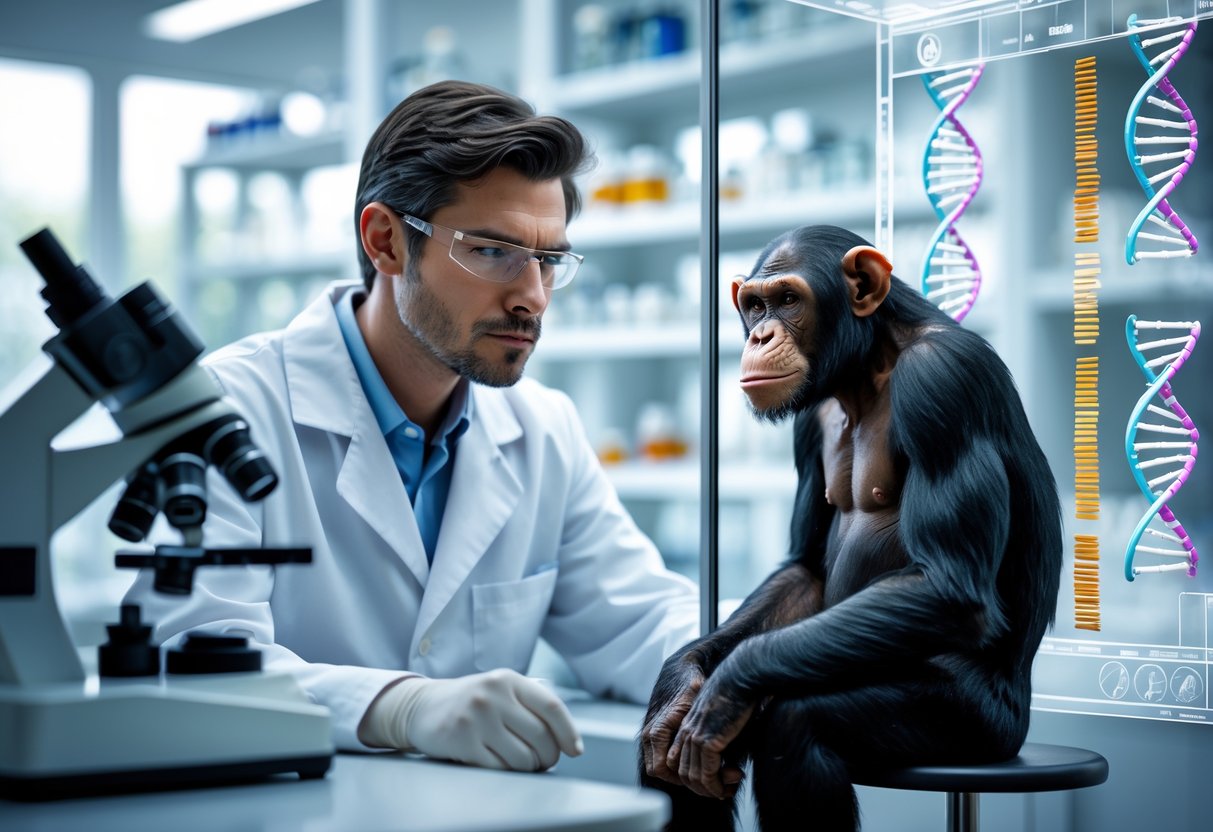 A scientist in a lab coat studies DNA models on digital screens while a chimpanzee sits nearby, separated by a translucent barrier in a laboratory.