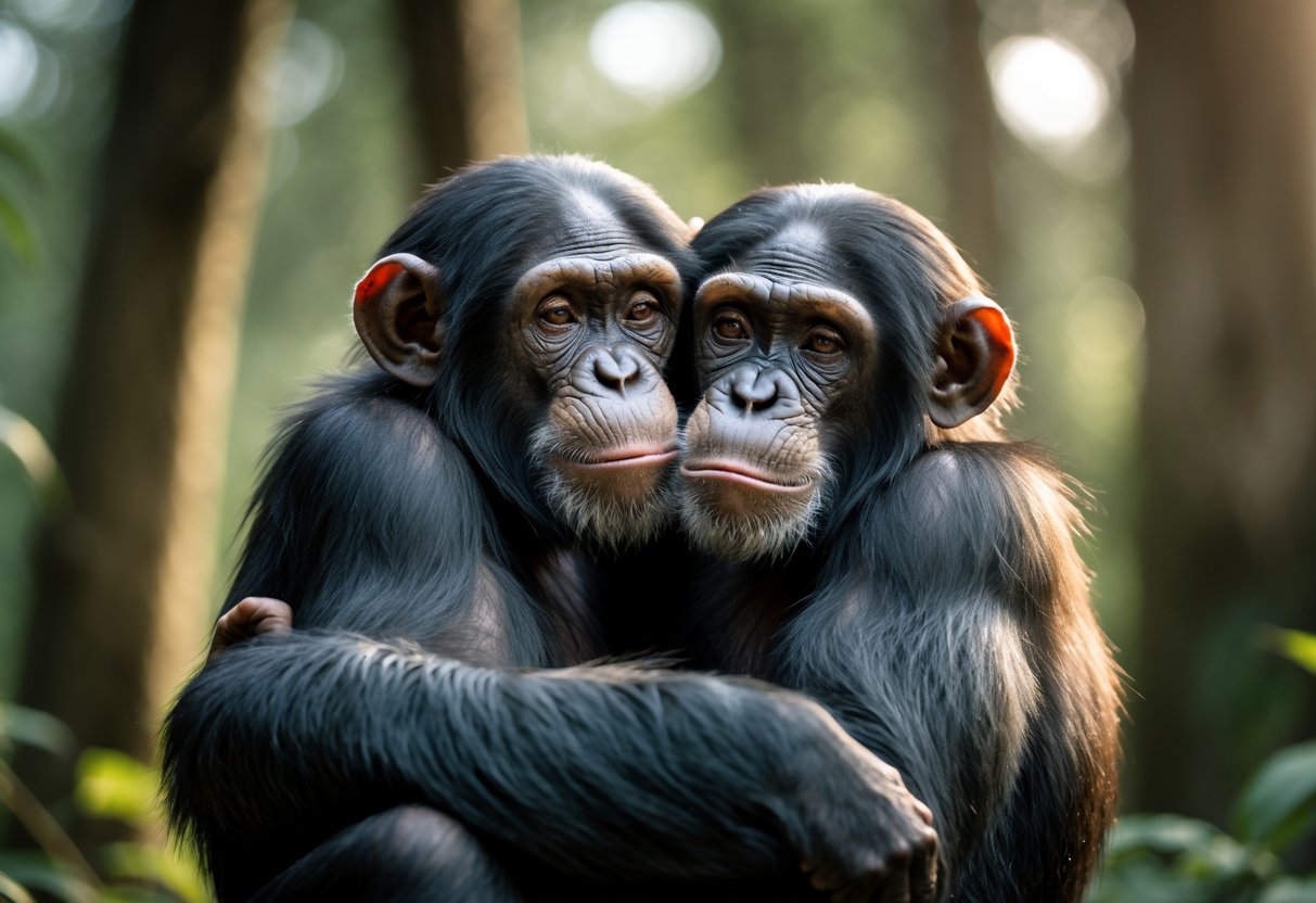 Two chimpanzees hugging each other gently in a forest setting.