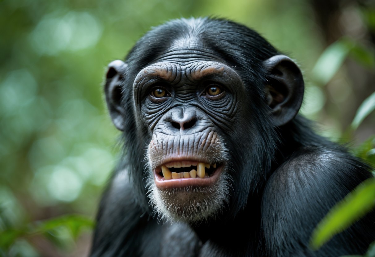 Close-up of a chimpanzee showing an angry expression in a forest setting.