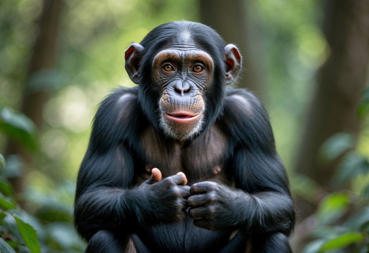 A chimpanzee sitting in a forest looking directly ahead with an expressive face and hands near its mouth.