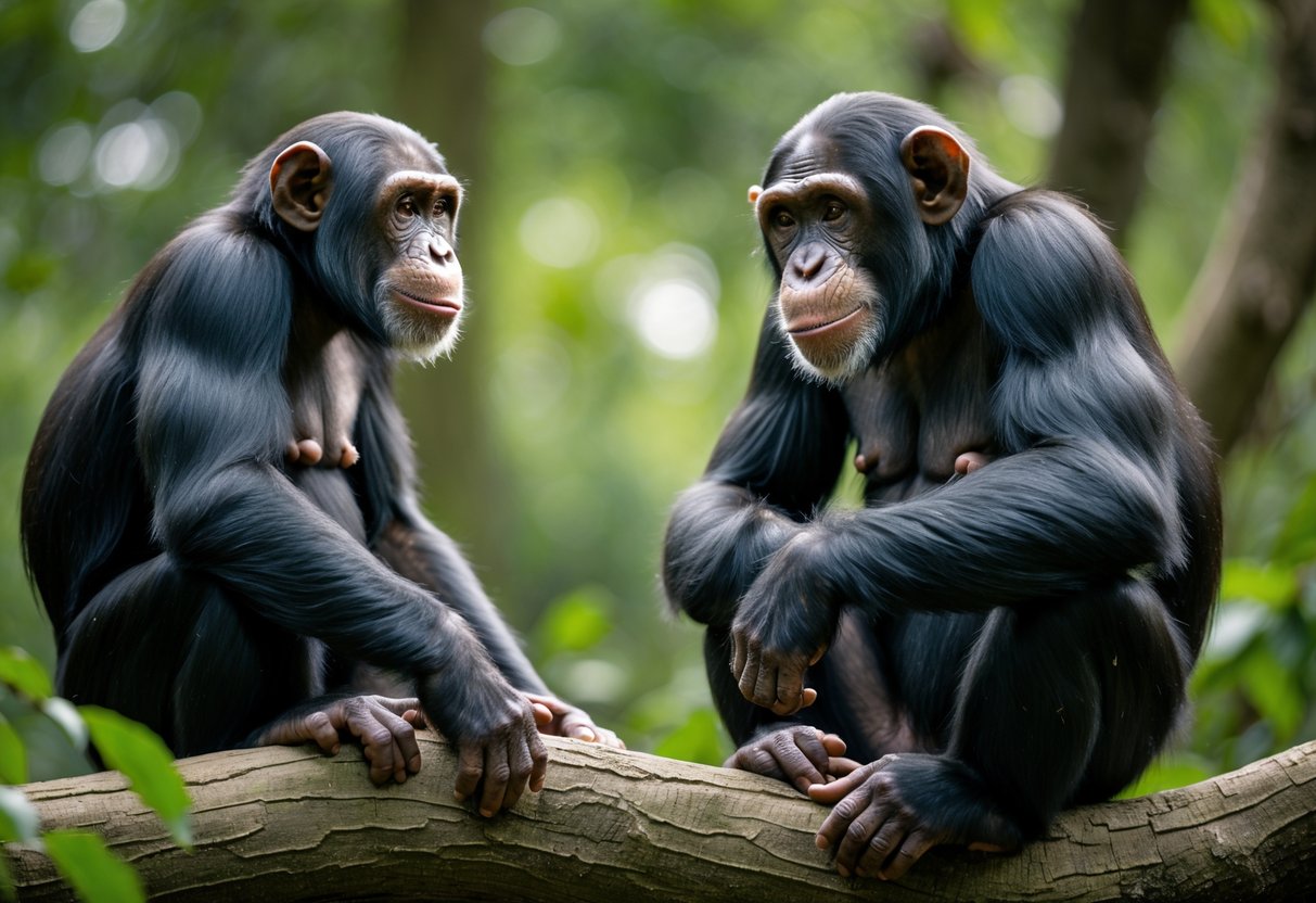 A chimpanzee and a human looking at each other closely in a forest setting.