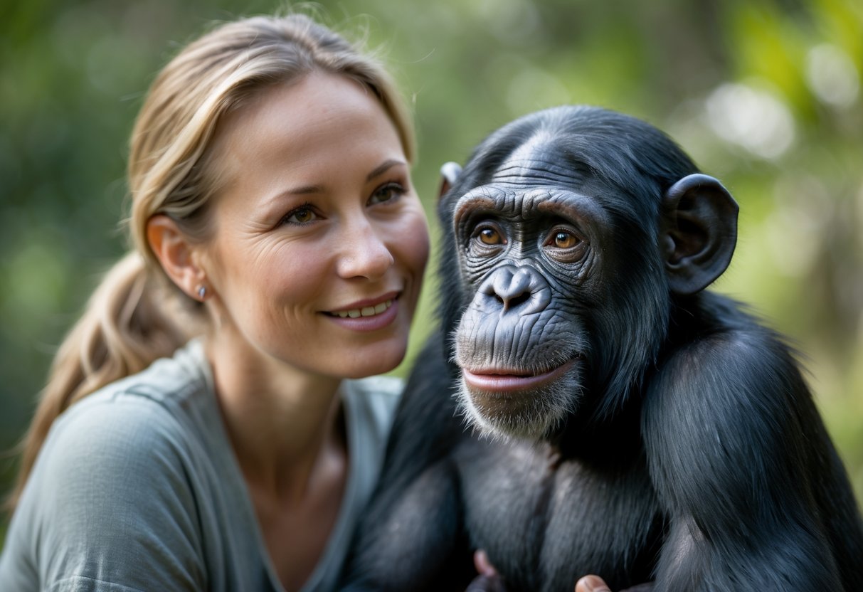 A person smiling gently at a calm chimpanzee outdoors with greenery in the background.