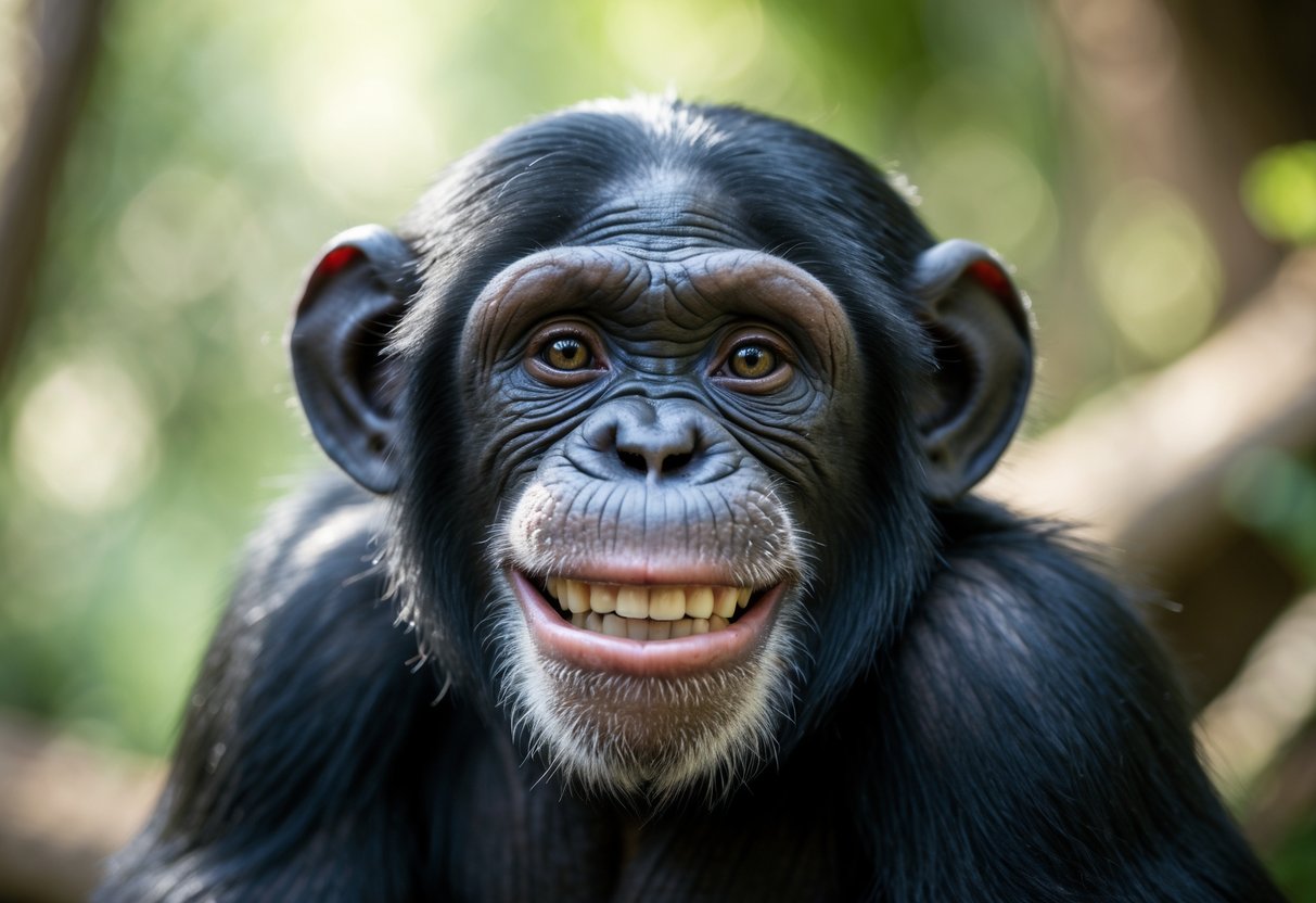 A chimpanzee smiling directly at the camera with a natural green background.