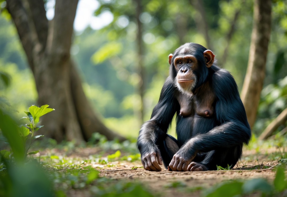 A person calmly looking at a chimpanzee sitting on the ground in a natural outdoor setting.