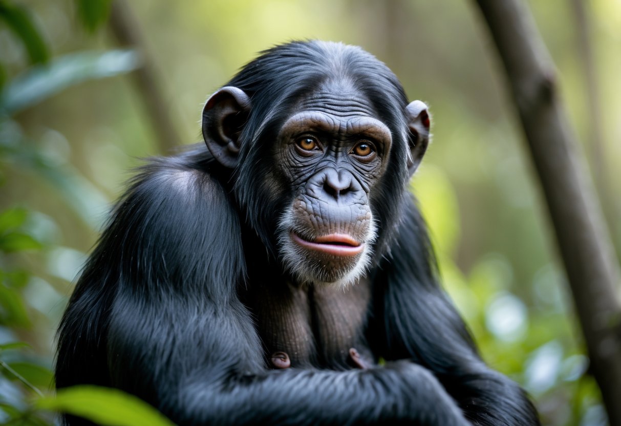 A chimpanzee sitting in a forest looking thoughtfully at the camera with its mouth slightly open.