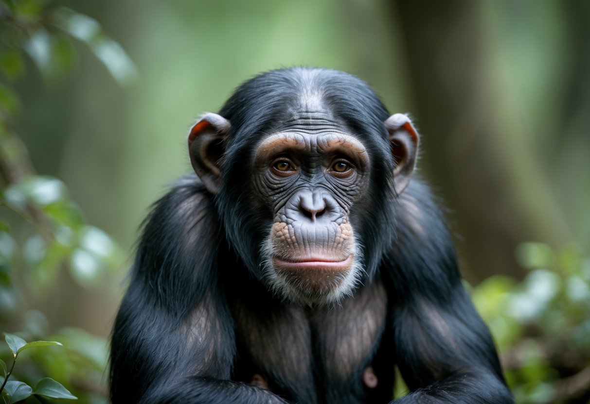A close-up of a chimpanzee with a thoughtful, sad expression sitting in a forest.