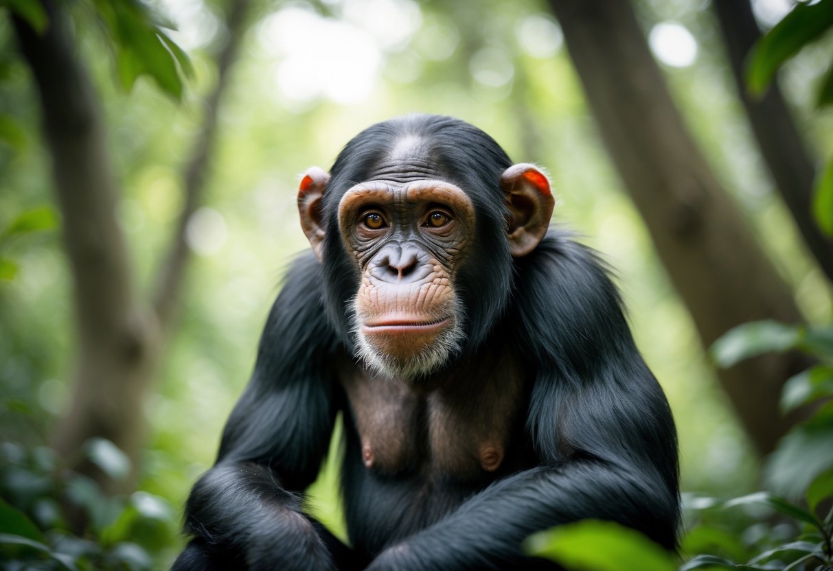A chimpanzee sitting in a forest looking thoughtfully at the camera.