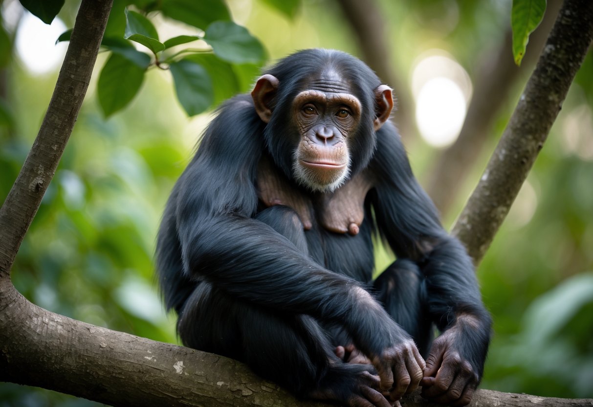 A chimpanzee sitting calmly on a tree branch surrounded by green leaves.