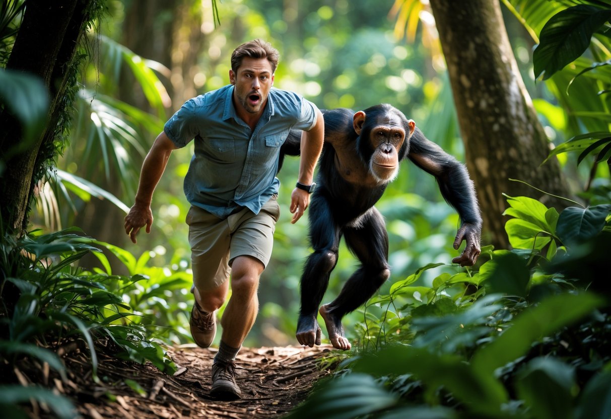 A man running through a jungle while a chimpanzee chases him.
