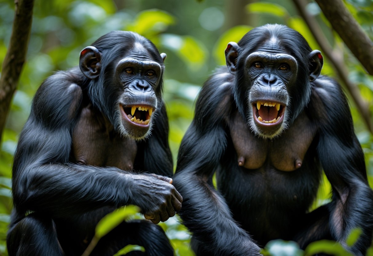 Two chimpanzees in a forest, one showing aggression with bared teeth and raised arms, the other appearing defensive.