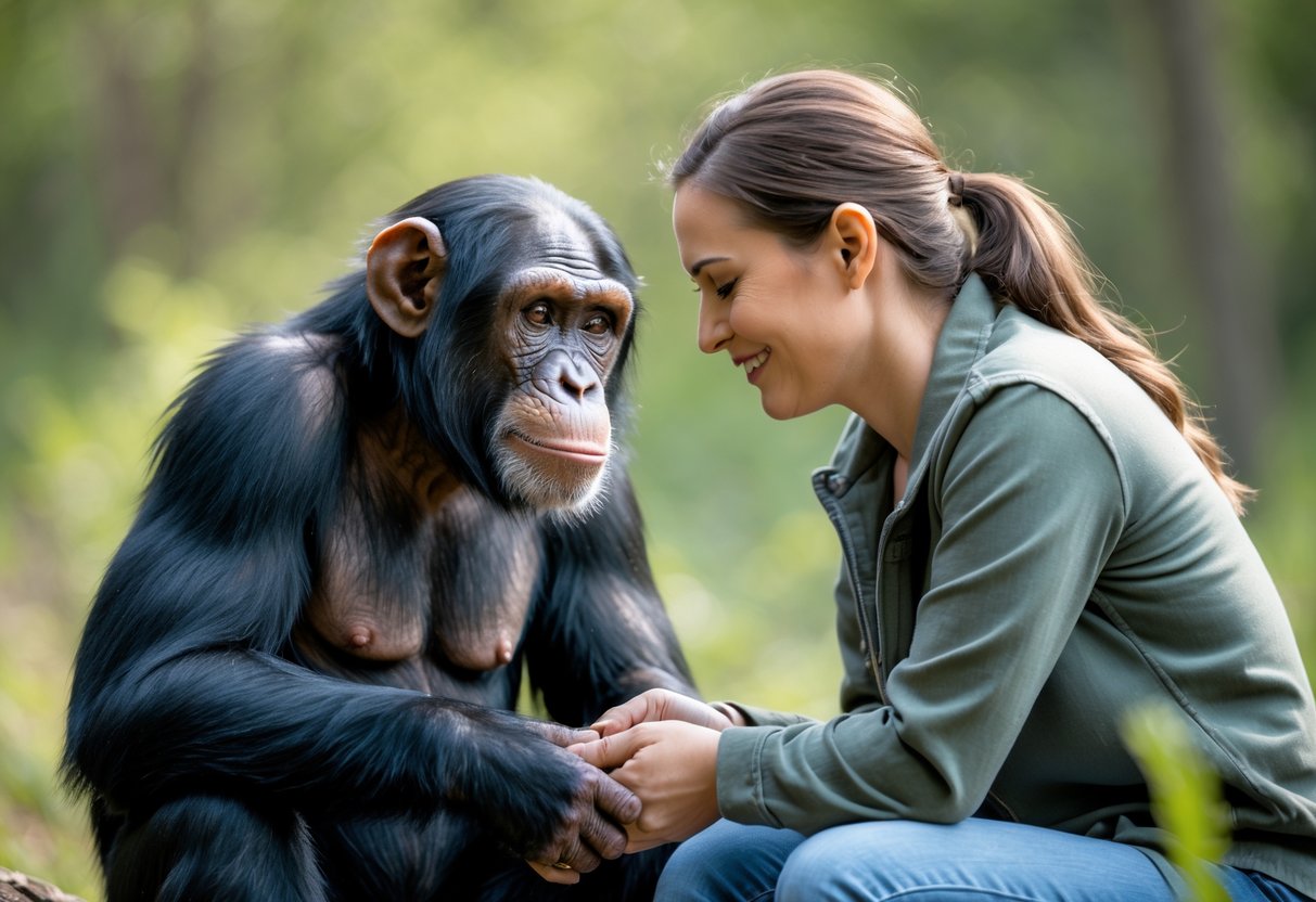 A chimpanzee and a human sitting closely outdoors, gently touching hands and looking at each other.