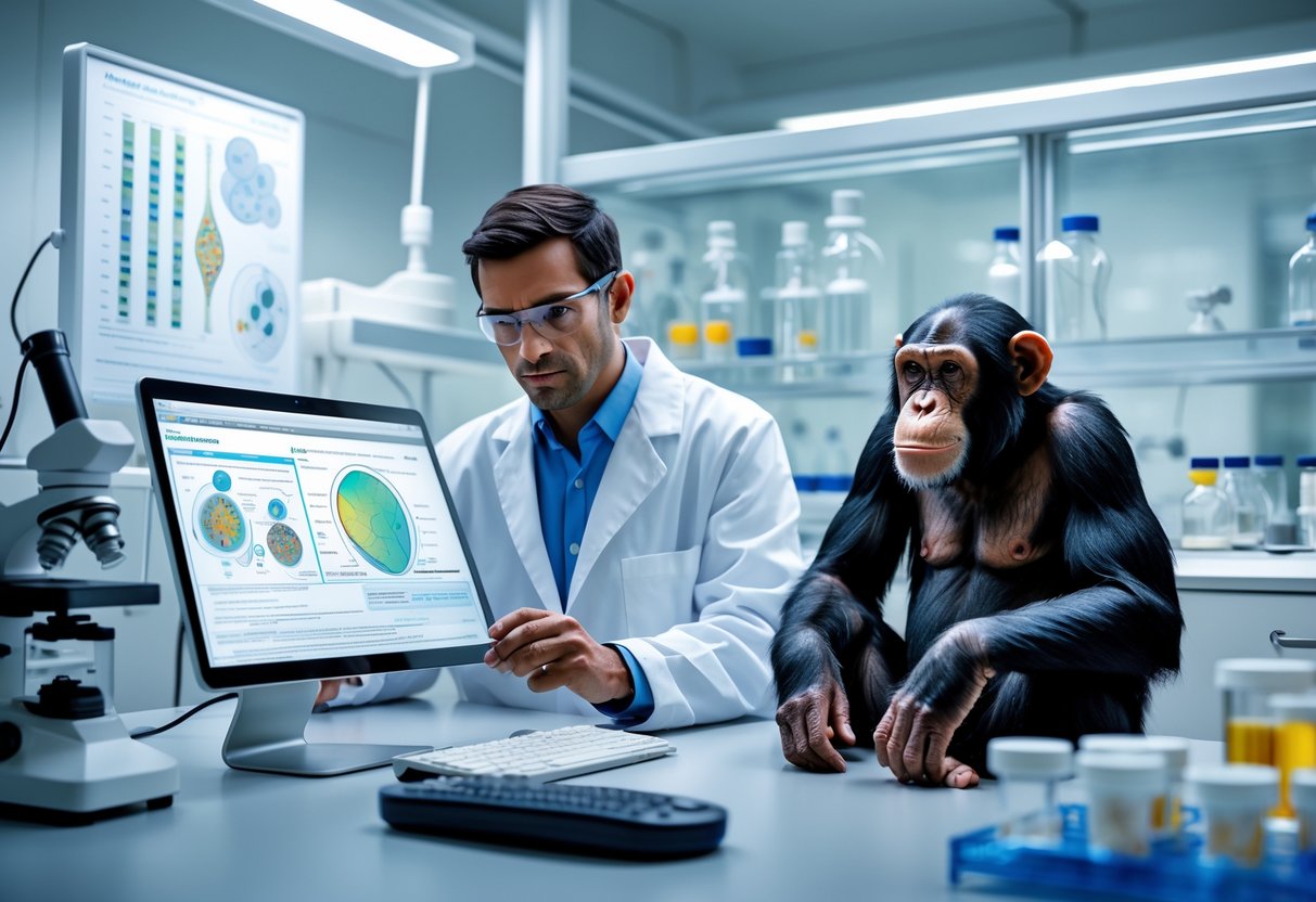 A scientist in a lab coat studies genetic charts while a chimpanzee sits calmly behind a glass barrier in a laboratory.