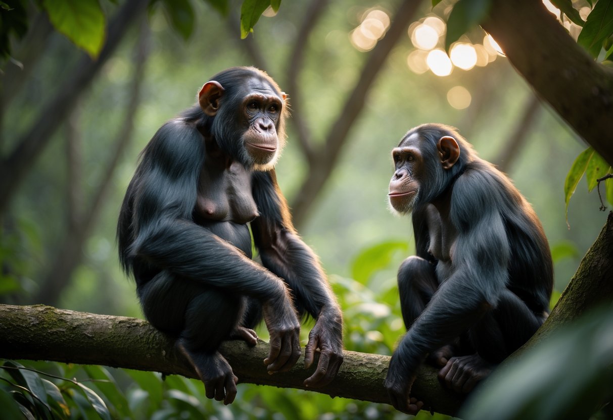 A mature female chimpanzee sitting on a tree branch with a younger male chimpanzee nearby in a green jungle setting.