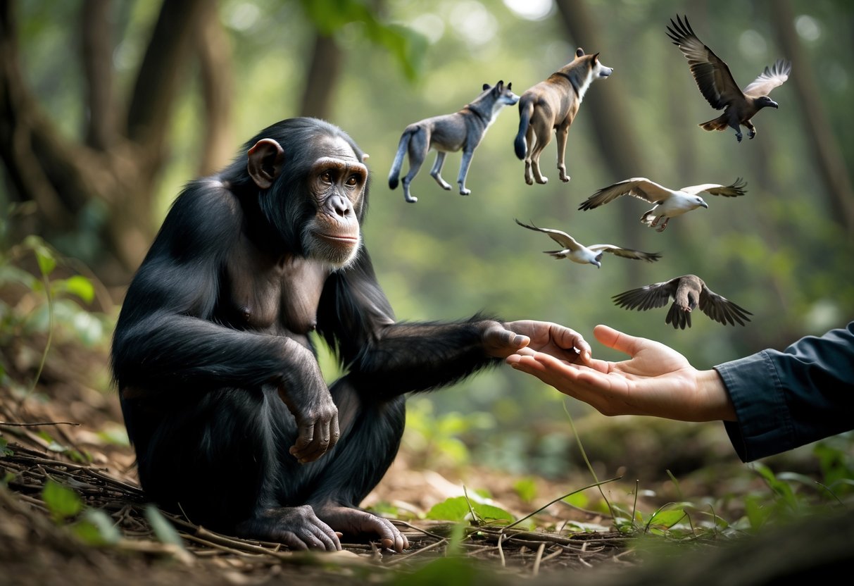 A chimpanzee calmly sitting on the forest floor reaching toward a human hand, with other animals like wolves and birds visible in the background.