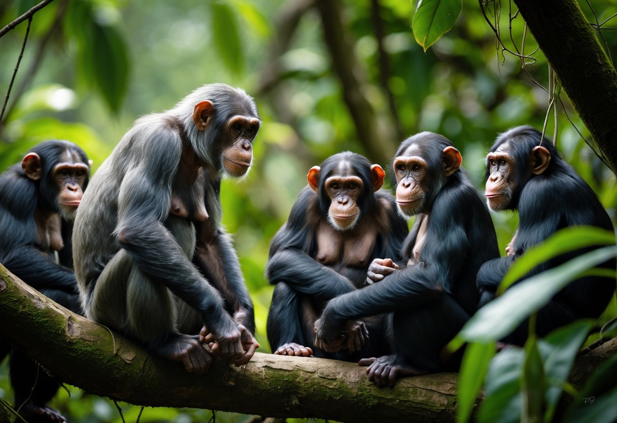 An older female chimpanzee surrounded by younger male chimpanzees in a forest, with the males grooming and interacting closely with her.