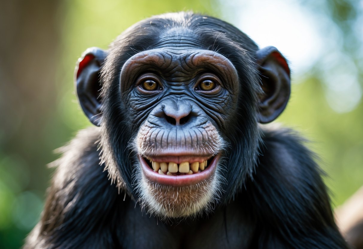 A chimpanzee smiling directly at the camera with a natural outdoor background.
