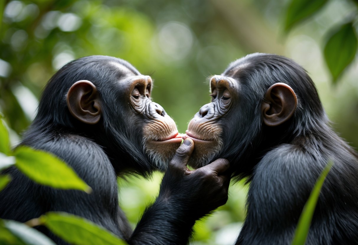 Two chimpanzees gently touching lips in a natural outdoor environment surrounded by green leaves.