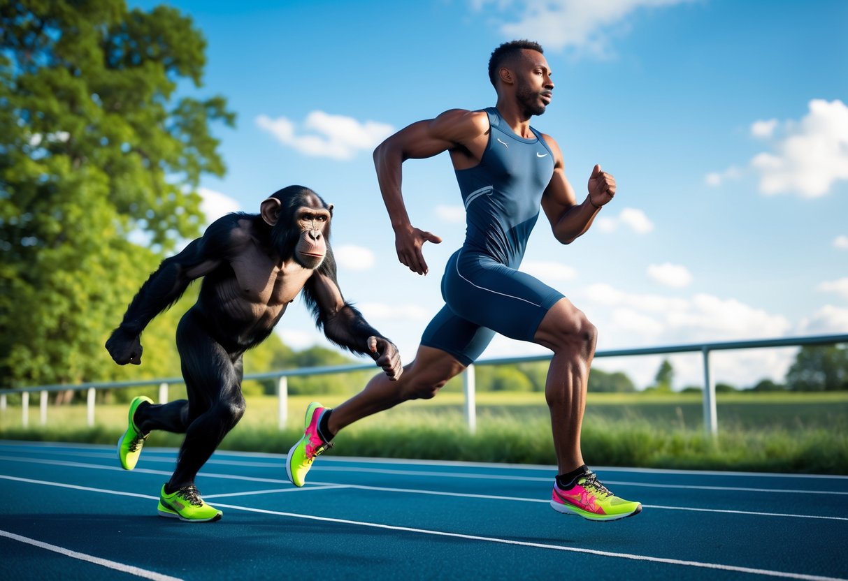 A male athlete sprinting on a running track with a chimpanzee running beside him outdoors.