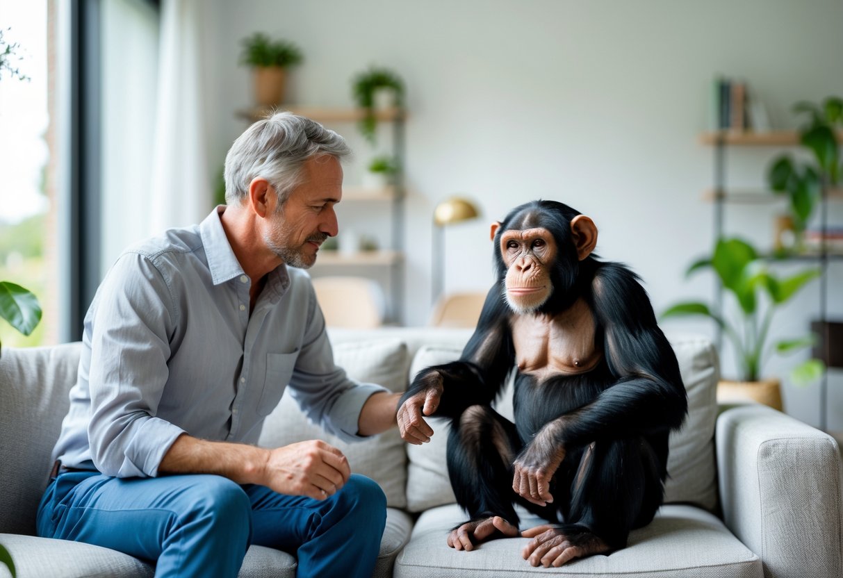 A man sitting on a sofa gently interacting with a chimpanzee in a bright living room.