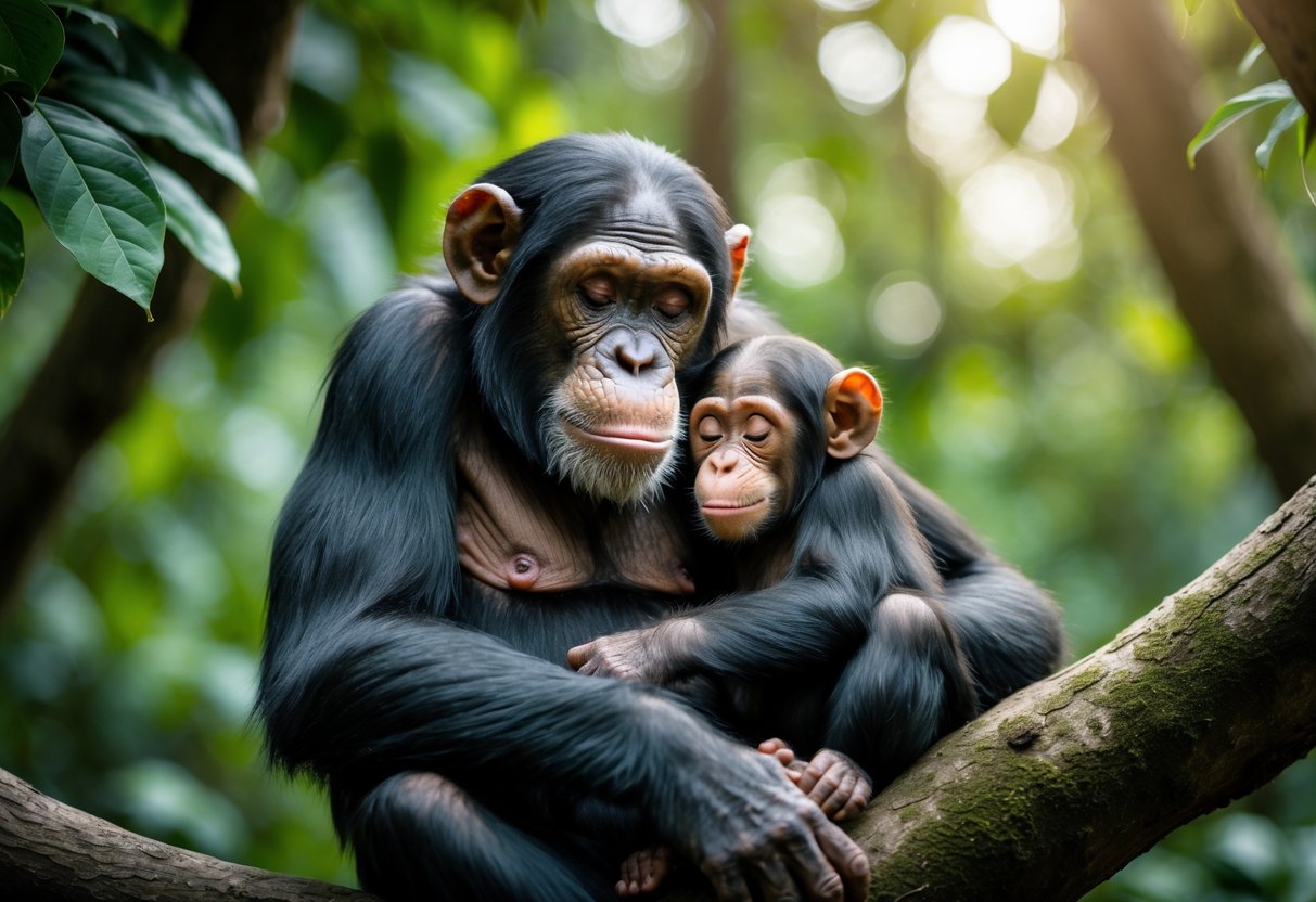 A young chimpanzee sleeping while resting against its mother in a forest setting.