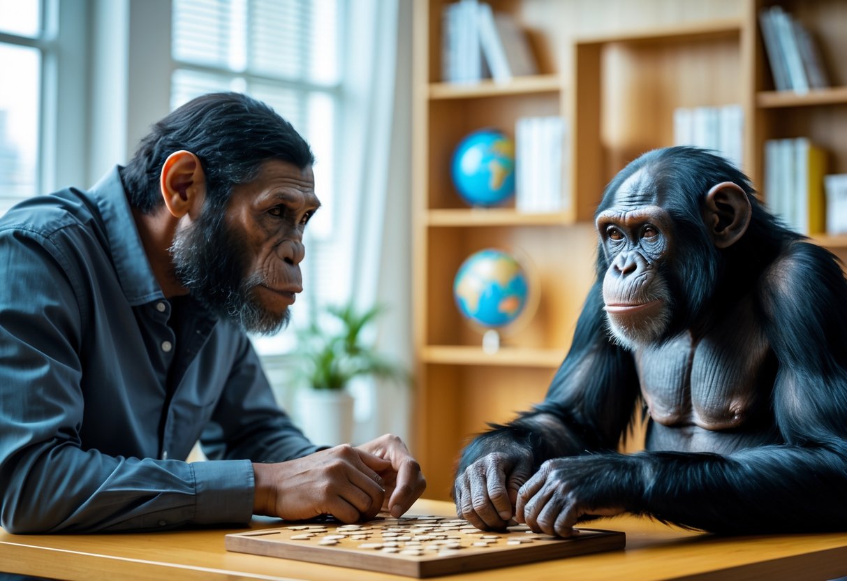 A human and a chimpanzee sitting side by side at a table, both focused on solving puzzles in a bright study room.
