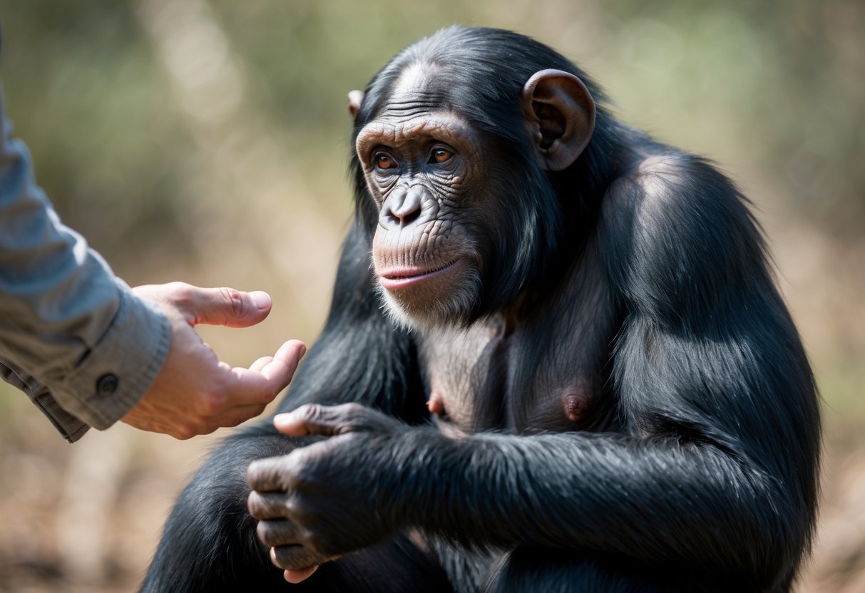 A chimpanzee and a human reaching out towards each other in a natural outdoor setting.