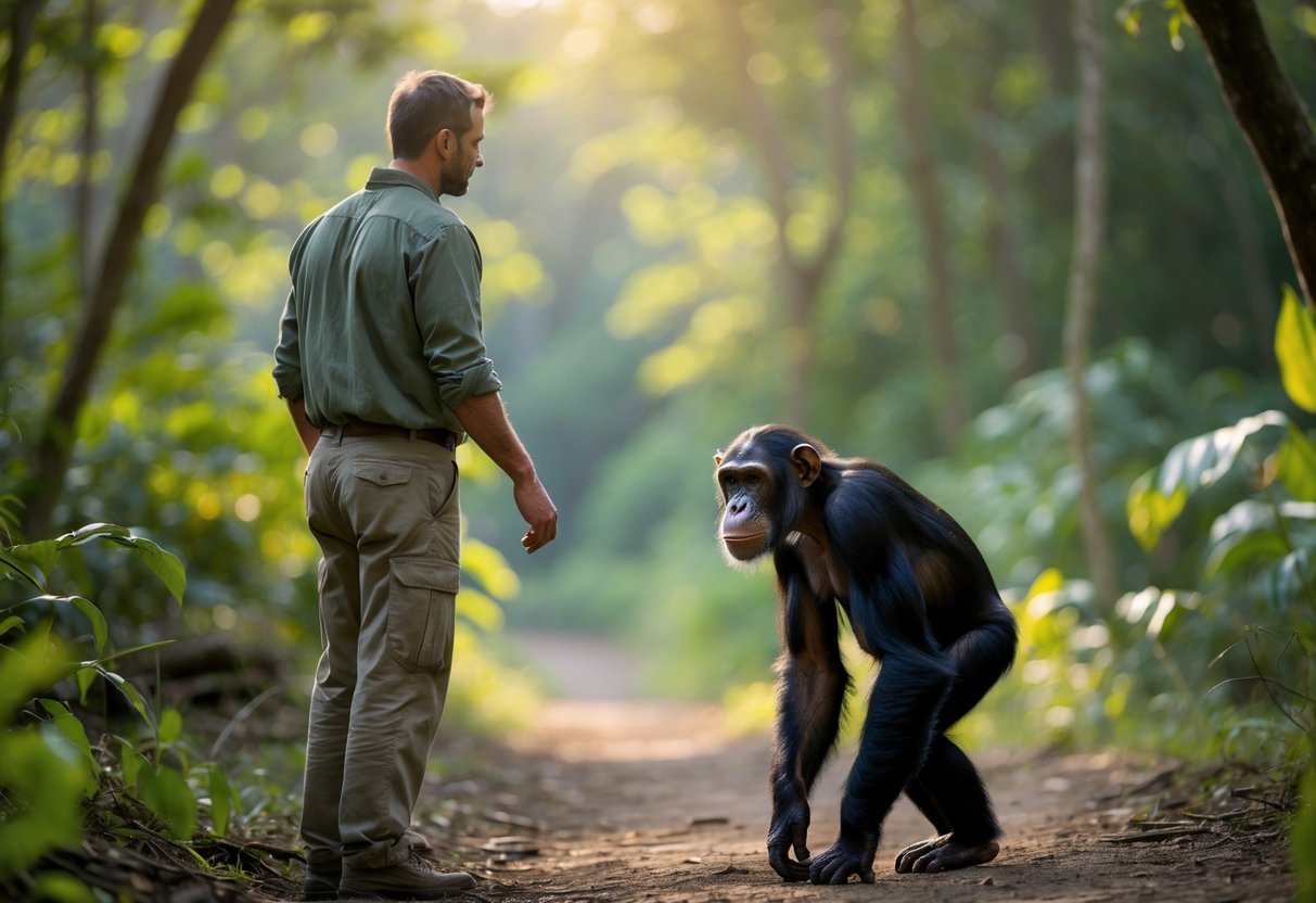 A man standing calmly as a chimpanzee approaches him slowly in a forest setting.