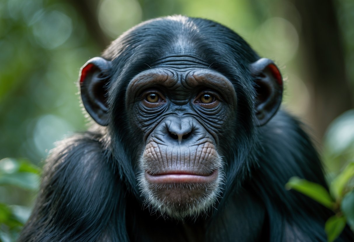 Close-up of a chimpanzee with teary eyes in a forest setting, showing a sad expression.