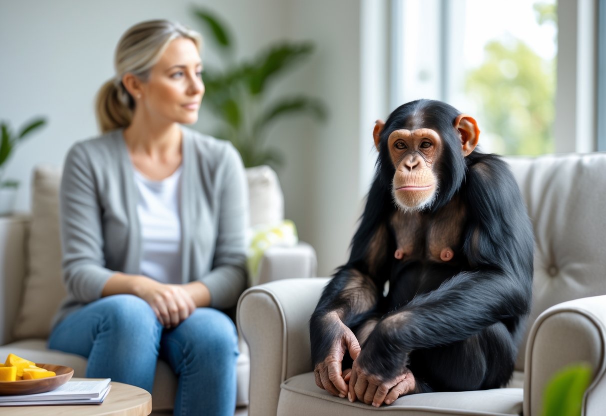A chimpanzee sitting on an armchair in a living room while a person watches it cautiously from nearby.
