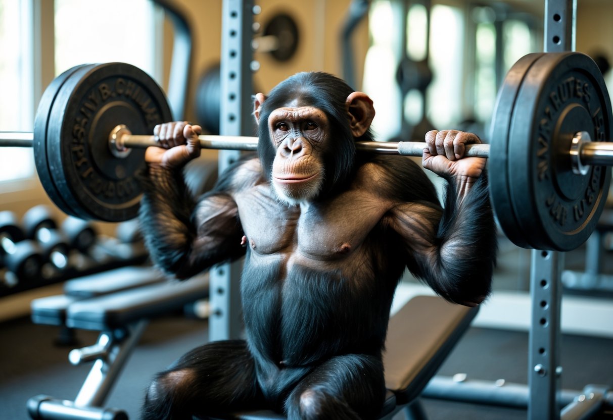 A chimpanzee lifting a barbell while lying on a weight bench in a gym.