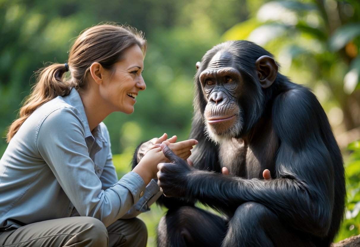 A human and a chimpanzee sitting close together outdoors, sharing a friendly and gentle moment.