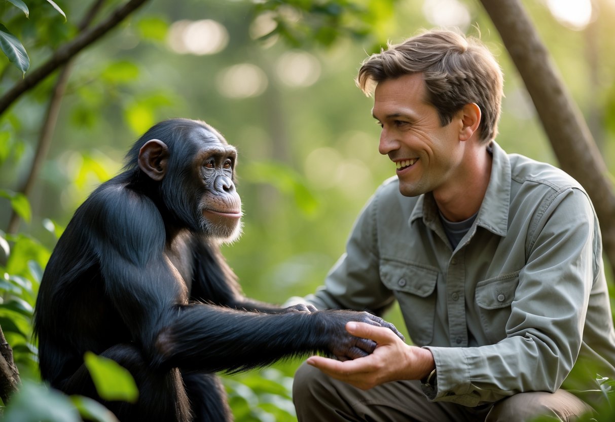 A young adult human gently reaching out to a calm chimpanzee in a green outdoor environment.